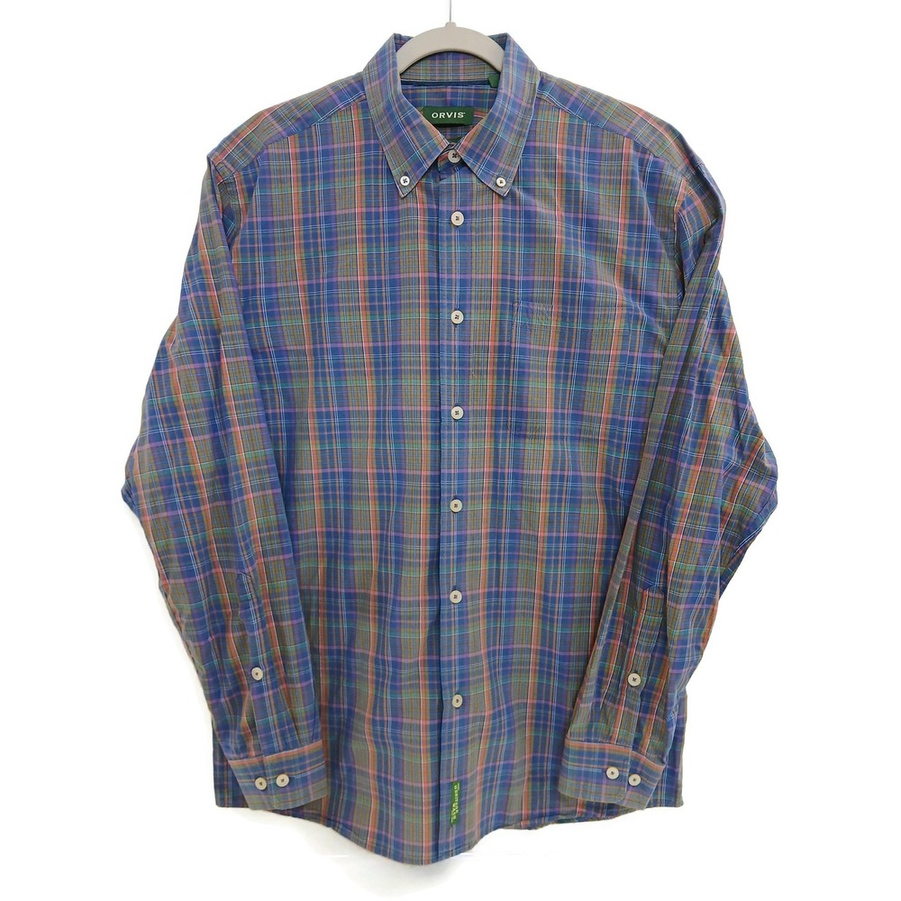 Orvis Shirt Mens Large Blue Green Plaid Active‎ Fit Button Down Long Sleeve Soft